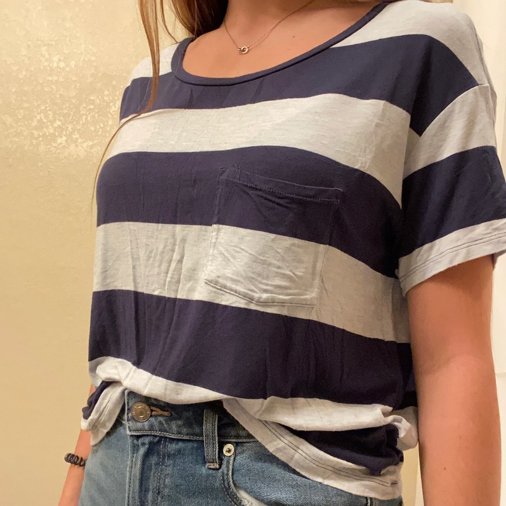 Navy blue and white striped pocket t-shirt